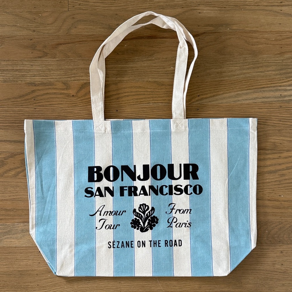 Sézane Bonjour San Francisco Brand New Blue and White Cotton Canvas Bag